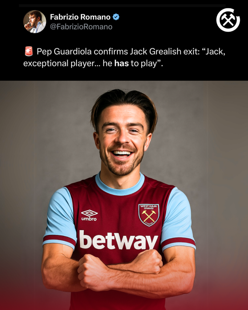 image of jack grealish in west ham top and fabrizio romano confirming his exit