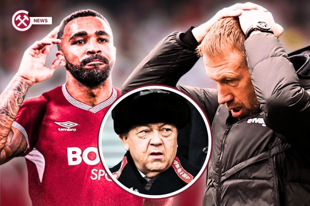 Callum WIlson in West Ham kit with Graham Potter distraught and David Sullivan in circle frame.