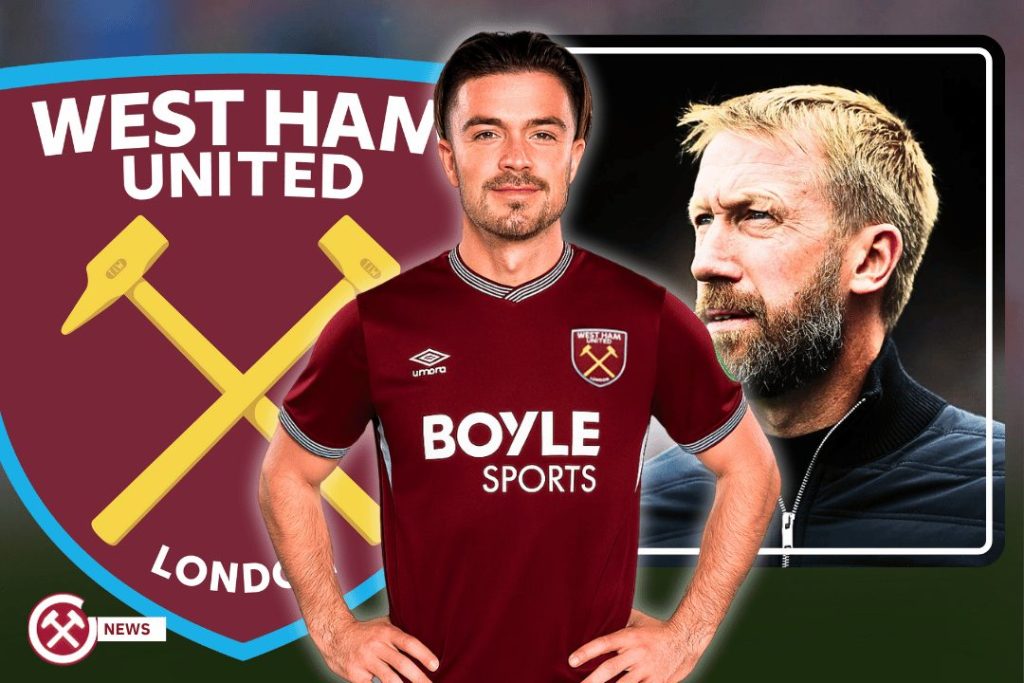 Jack Grealish in west ham kit with west ham logo and Graham Potter. 