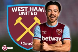 Jack Grealish in West Ham shirt with West Ham Logo