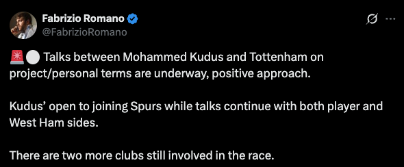 Fabrizio Romano X post about Kudus to Tottenham