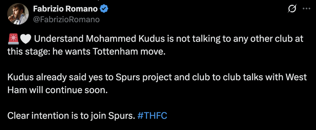 Fabrizio Romano X Post about Kudus