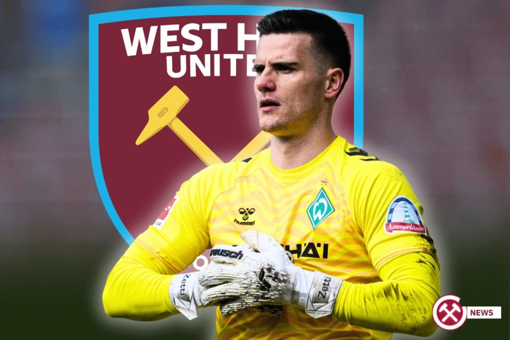 Werder Bremen's Michael Zetterer with west ham logo