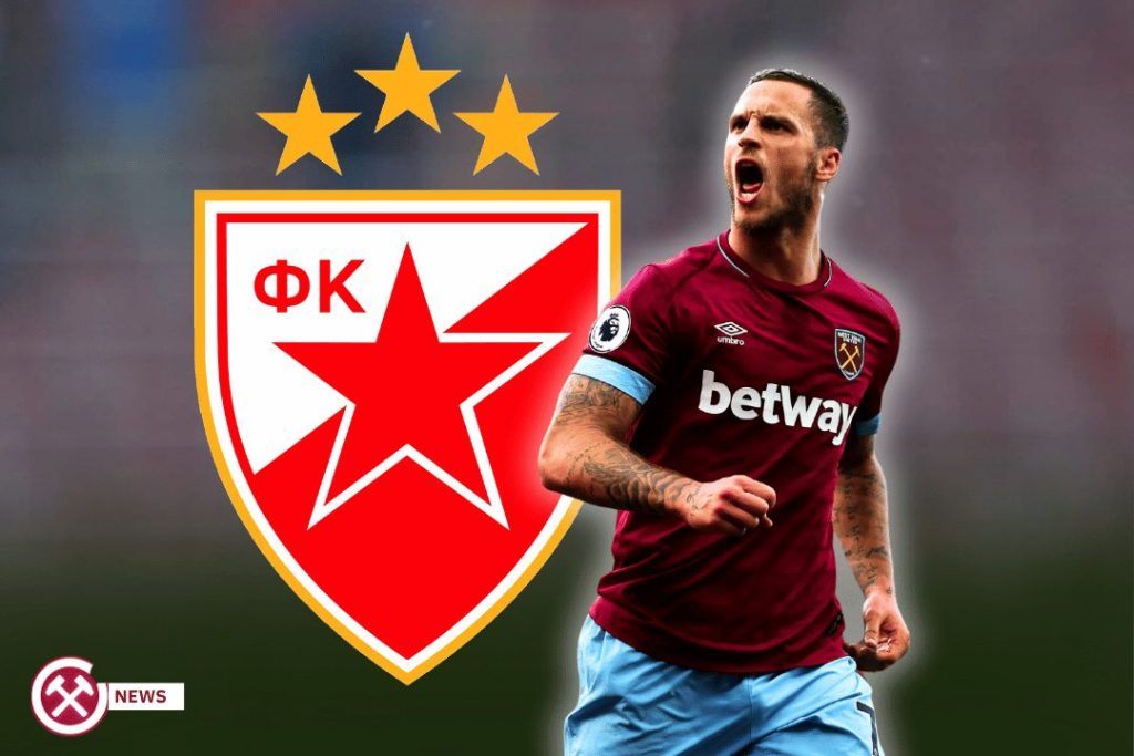 marko arnautovic in west ham with red star belgrade logo
