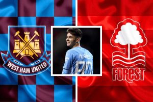 Forest and West Ham logos with James McAtee in the middle