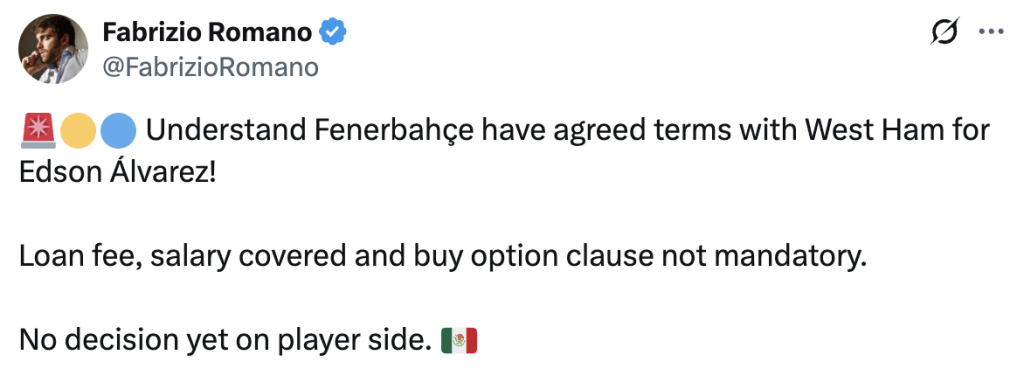 Fabrizio Romano Tweet on Edson Alvarez to Fenerbache